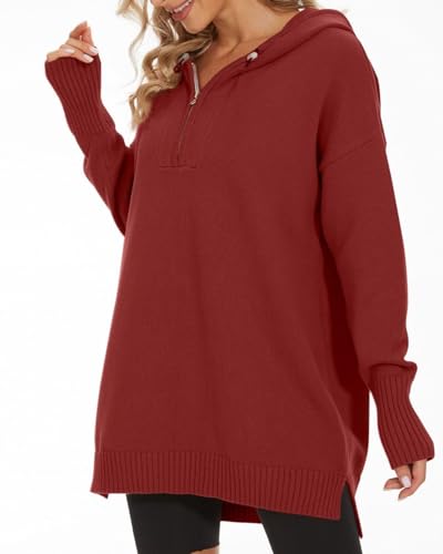 Image of Women's Hooded Sweater Loose Half Zip Drawstring Pullover Sweatshirt Top Casual Long Sleeve Side Slit Knit Hoodie