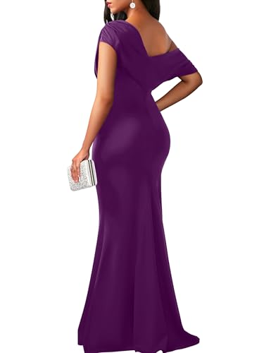 Image of YMDUCH Women's Sleeveless Off Shoulder Long Formal Party Dress | Backless,Stretch,Fitted,Mermaid,One Shoulder,Bodycon,Elegant,Slim,Formal,Solid,Evening,Wedding Guest,Bridesmaid,Maxi