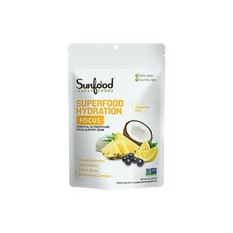 Sunfood Superfoods Hydration Electrolyte Powder Drink Mix | 8 oz. Bag, 20 Servings | Coconut Water, Pink Himalayan Salt, Lemon & Pineapple Juice Mix | Lion's Mane & B-Vitamin Complex Cover