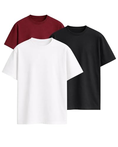 Image of VEL Plain 240 GSM Heavy Cotton Oversized T-Shirt Baggy Fit Drop Shoulder Half Sleeves Round Neck Solid Pure 100% Cotton T-Shirt for Men (Pack of 3)