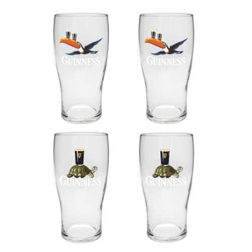 Guinness Set mit 4 Pint-Gläsern ideal für Zuhause Bar und Küche (fliegender Tukan/Schildkröte)