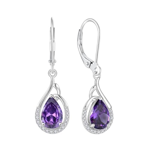 Starchenie Boucles D'oreilles Femme Argent 925 Pendante Boucles d'oreilles Poire Améthyste Pierre de Naissance Zircone Bijoux Cadeau