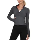 M MOTEEPI Cropped BBL Jacket for Women Running Workout Clothes with Zip Pockets Athletic Crop Jackets Yoga Gym Thumb Holes Grey Medium
