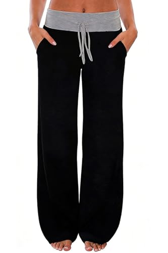 Image of Elsofer Women's Comfy Lounge Pants with Pockets Soft Wide Leg Pajama Pants Drawstring Palazzo Pants for Sleep, Casual Wear