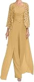 3 Pieces Long Mother of The Bride Pant Suits Chiffon Lace Wedding Guest Gown Formal Evening Dress Gold