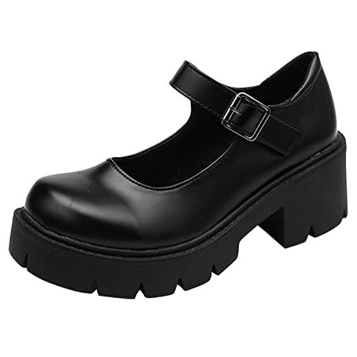 Women's Platform Mary Janes Chunky Heel Ankle Strap Uniform Dress Shoes Heeled Gothic Lolita Oxfords (9, Single Strap-Matt Black)