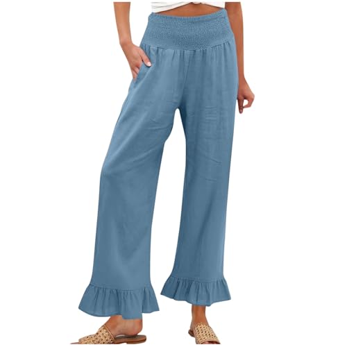 Image of Women Linen Pants Dressy Casual Summer Boho Ruffle Hem Wide Leg Cropped Pants Smocked High Waisted Palazzo Pant
