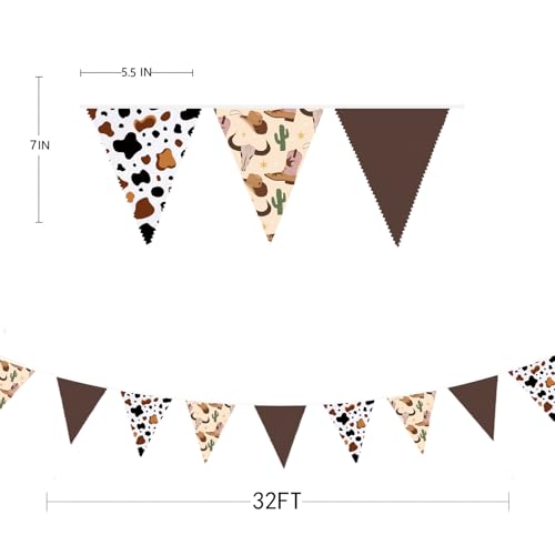 Image of 32Ft Western Cowboy Party Decorations Brown Cow Triangle Flag Fabric Banner Pennant Garland Streamers for Western Cowgirls Birthday Baby Shower Derby Day Yee Haw Farm Cow Wild West Party Decor