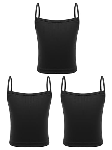 Kaerm Kids Girls 3 Pcs Solid Color Tank Top Spaghetti Straps Dance Crop Top Ribbed Camisole Vest Undershirt
