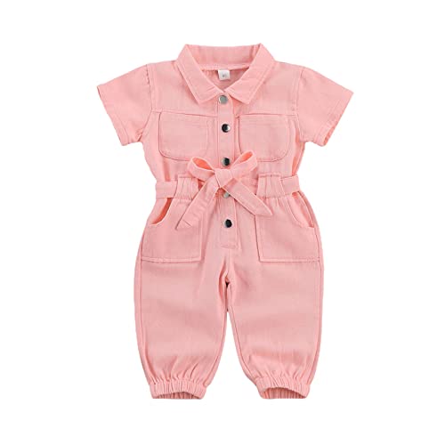 2PCS Toddler Baby Girl Jumpsuit Overalls Lapel Short Sleeve Pockets Button Down Cargo Pants + Belt Sets