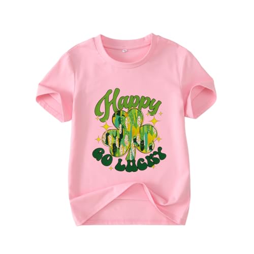 Image of MODNTOGA Kids Girls St Patricks Day Shamrock Graphic T-Shirt Happy Go Lucky Print Shirt Green Clover Short Sleeve Tee Tops (Pink, 9-10 Years)