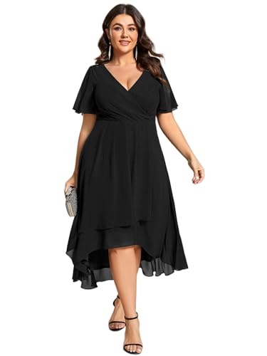 Ever-Pretty Women's V Neck Pleated Plus Size Ruffle Sleeves Chiffon High Low Formal Wedding Guest Dresses Black US20