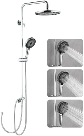 Adjustable Shower Riser Rail Kit with 10" Round Rainfall Shower Head, 3 Spray Modes Handheld Shower with Rotating Bracket, Anti-Leak Hose & Brass Diverter, Shower Set Without Mixer for Bathrooms