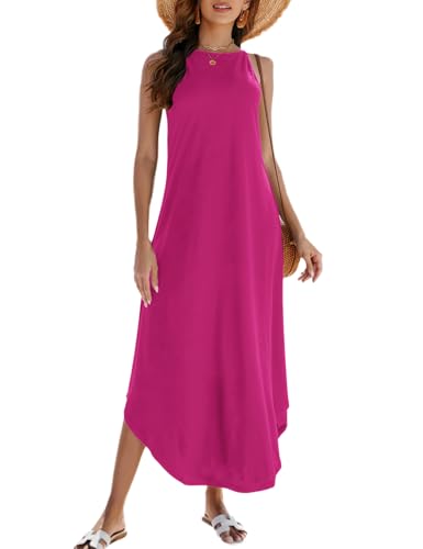 Halife Damen Sommer Casual Ärmellos Strandkleid Lang Neckholder Seitenschlitz Maxi Sonnenkleider, 1-Hot Pink, Groß