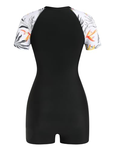 Image of ZAFUL Women's Short Sleeves Rash Guard Boyleg One Piece Swimsuit Zipper Surfing Bathing Suit UPF 50+
