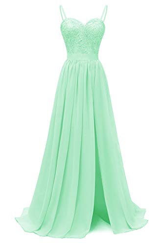 Changuan Plus Size V Neck Slit Bridesmaid Dress Lace Chiffon Wedding Maxi Evening Party Dress Long Prom Gowns Size 18 Mint Green