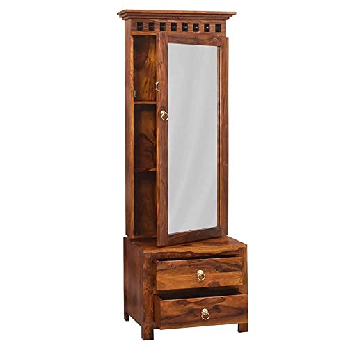Image of Solid Sheesham Wooden Dressing Table | with 2 Drawers Storage Organizer | Makeup Vanity with Mirror | Storage Shelves, Bangle Holder for Bedroom & Living Room Assembled [Honey Finish]
