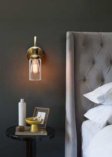 Image of PERMO Industrial Vintage Sconce Black Sconce with 3.1 inch Cylindrical Clear Glass Shade Wall Mount Light Fixture for Living Room Bathroom Entertry