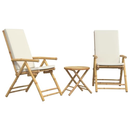 vidaXL Set da Giardino Pieghevole Reclinabile 3 pz Cuscini Bianco Crema in Bambù, set da bistrot, set mobili da giardino, set mobili da bistrò