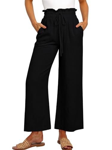 Cindeyar Hose Damen Leinenhose Sommer Casual Leichte Palazzo Hohe Taille Einfarbig Leinen Freizeithose Sommerhose Mit Taschen und Tunnelzug (Schwarz,...