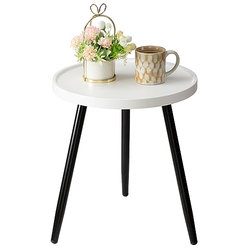 danpinera Round Side Table, Metal Legged Accent Table with Wooden Tray, Small Round End Table for Living Room, Bedroom, Nursery, White & Black