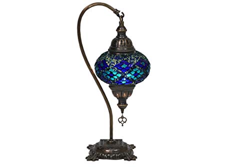 LaModaHome Turkish Moroccan Handmade Mosaic Glass Curvy Swan Neck Table Lamp Light with Decorative Dark Copper Fixture for Bedroom, Livingroom and Winter Garden, LimeMermaid