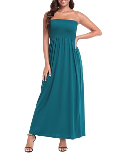 HDE Women's Strapless Maxi Dress Plus Size Summer Sundress Smocked Tube Top Long Skirt Dress Boho Beach Cover Up Dark Teal - L