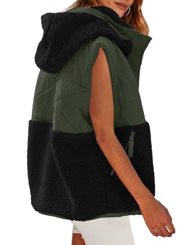 Nirovien Womens Oversized Quilted Vest Color Block Fleece Vest Button Down Padded Outwear Removeable Hooded with Pockets3