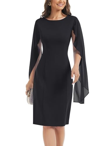 Image of HELYO Women's Chiffon Cloak Sleeve Mini Cape Dress V-Back Semi-Formal Elegant Bodycon Wedding Guest Evening Cocktail Dresses