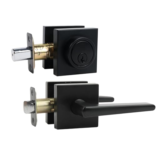 Deadbolt Lock and Door Knob Set, Exterior Door Lock Set with Deadbolt, Square Door Knobs Exterior and Deadbolt Set, Heavy Duty Entry Door Lever with Single Cylinder Deadbolt, (Matte Black 1Pack)