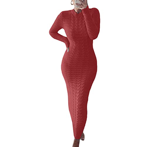 Image of chouyatou Women's Sexy Crewneck Long Sleeve Cable Knit Bodycon Maxi Pullover Sweater Dress