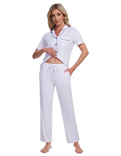 Womens Pajamas Set Short Sleeve Tops with Pants Pjs Notch Collar Sleepwear Button Down Pj Sets S-XXL4
