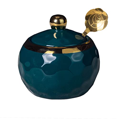 Ceramic Honey Jar with Lid and Gilded Spoon , Mini Honey Jars in Bulk 8OZ , Honey Pot Dispenser Container with Dipper ï¼ˆDiamond Greenï¼‰