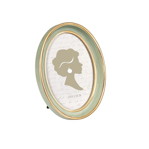 Tone Link. Vintage Ovaler Bilderrahmen 4x6 Zoll, Luxus Antiker Fotorahmen mit Glasfront, Tisch- und Wandaufhängung, Salbeigrün und Gold