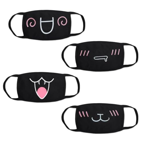 YAZWUR 4 Mascarillas de Tela Anime Cartoon Femboy con Diseño Emotivo, Reutilizables y Lavables, Protección contra el Polvo, Moda para Uso Diario (Negro con Estampado)