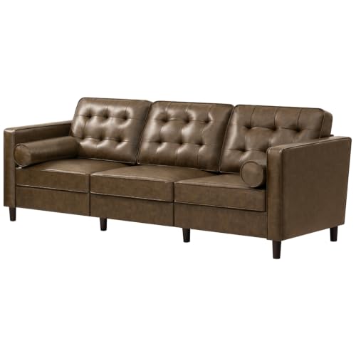 Image of 84 inch Premium Faux Leather 3-Seat Sofa w /2 Bolster Pillows and Tufted Backrest, Mid-Century Modern Sofa, Luxury Couch for Living Room, Bedroom, Office, Coffee Brown