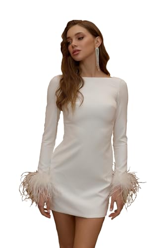 Fivsole Simple Short Bridal Dress 2025 White Feather Mini Reception Dress with Long Sleeve Satin Wedding Dress After Party US8