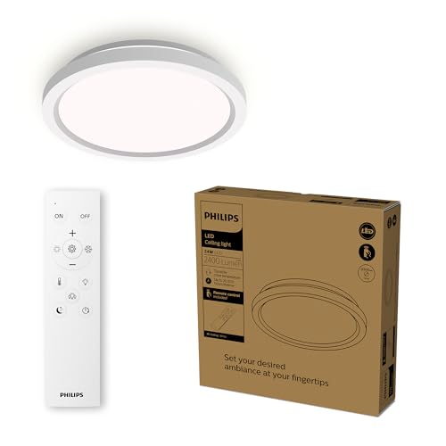 Philips Plafonnier LED avec télécommande, Rond, 30 cm, Lumière blanche réglable et dimmable, Idéal pour le salon ou la chambre, Sans scintillement ni...