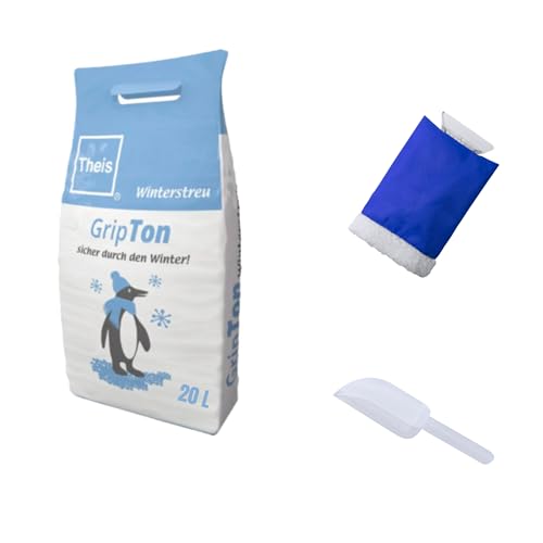 Winterstreu-Bundle-Set - Natürliches, Salzfreies Streugut für Gehwege und Straßen, Umweltfreundlich und Wiederverwendbar, mit Blauem Engel ausgezeichnet, mit Eiskratzer und Streu-Schaufel (20 Liter)