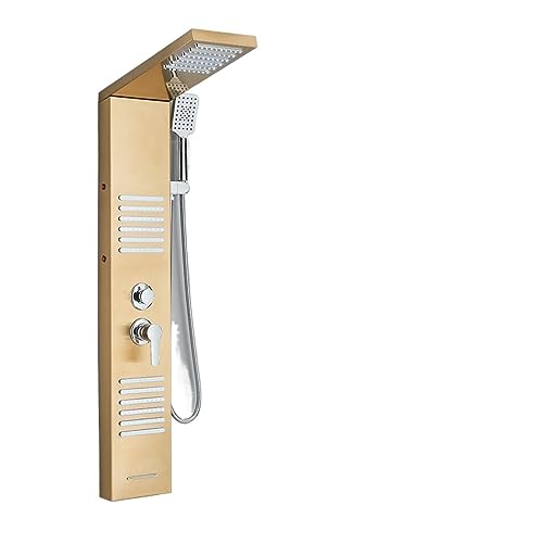 Matte Black Thermostatic Shower Mixer Set with LED Waterfall Rain Shower Panel Double Handle SPA Bath Column Faucet LuxuryShower Tower (6004 Gold 1)