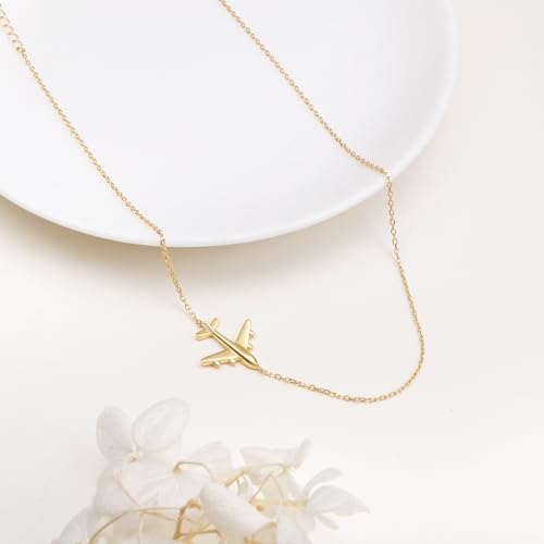Airplane Sideways Choker Necklace S925 Sterling Silver Aircraft Jelwery Adjustable Clavicle Necklace 15+3 Inch for Women Lady, Best Gifts for Stewardess Flight Attendants 6
