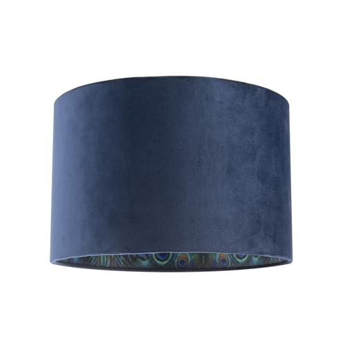 Designer Chic Navy Midnight Blue Velvet Fabric Dum Lamp Shade with Colourful Peacock Feather Themed Inner | 30cm x 20cm by Happy Homewares