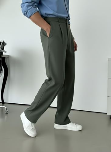 Image of INDICLUB Men's Pleated Dress Trousers, High Waist, Straight Leg, Business Casual Pants