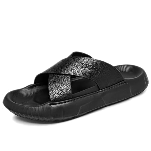 Men's Leather Platform Cross Strap Sandal Comfort Arch Support Lightweight Anti-Slip Slip On Slides Summer Indoor Outdoor Casual Walking Beach Sandals