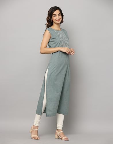 Image of Solid Sleeveless Kurta with Thread & Button Work