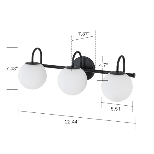 Image of Milk Glass Vanity Light, 22.6 inch Modern Bathroom Light Fixtures Mid-Century Globe Vanity Light 3-Light Glass Wall Sconce Black