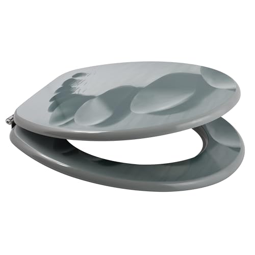 MSV - Lunette de WC et Abattant Noyau en Bois MDF - Charnières Acier Inoxydable - Motif Galets - Taille Unique - Gris - Surface Facile à Nettoyer -...