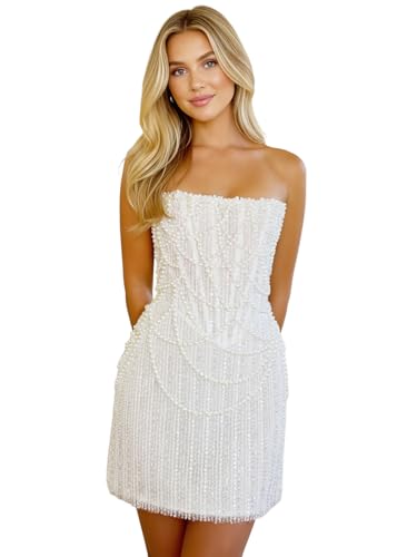 Lxhome Sequin Wedding Dresses for Bride Mini Pearl Beaded Bridal Prom Reception Gowns Sparkly...