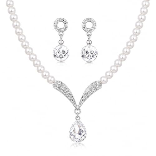 Pearl Necklace Set for Women | Crystal Pearl Jewellery Set | Earr...