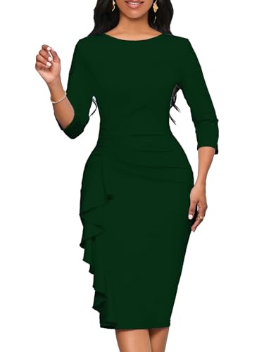 Image of Church Dresses for Women 3 /4 Sleeve Ruffle Vintage Bodycon Cocktail Work Midi Pencil Dress